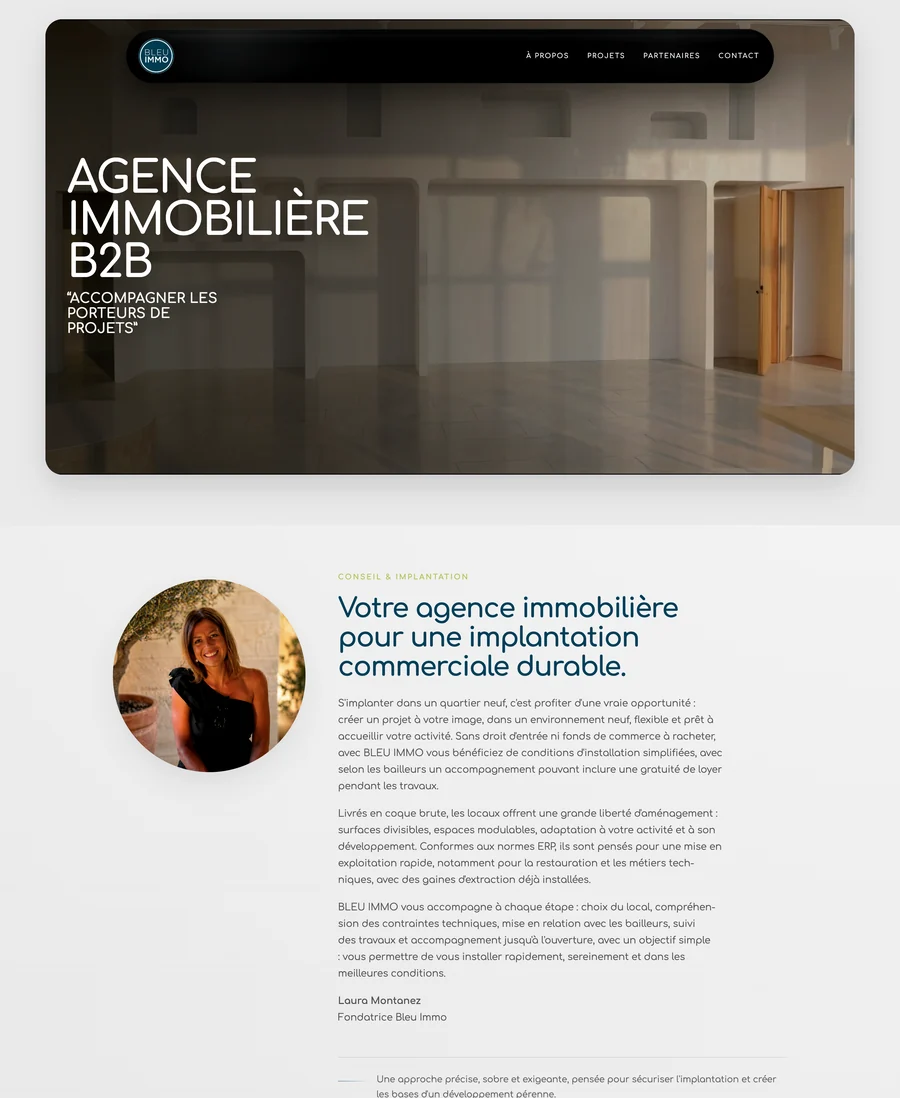 Site Bleu Immo réalisé par Mystorie, agence immobilière B2B et parcours premium