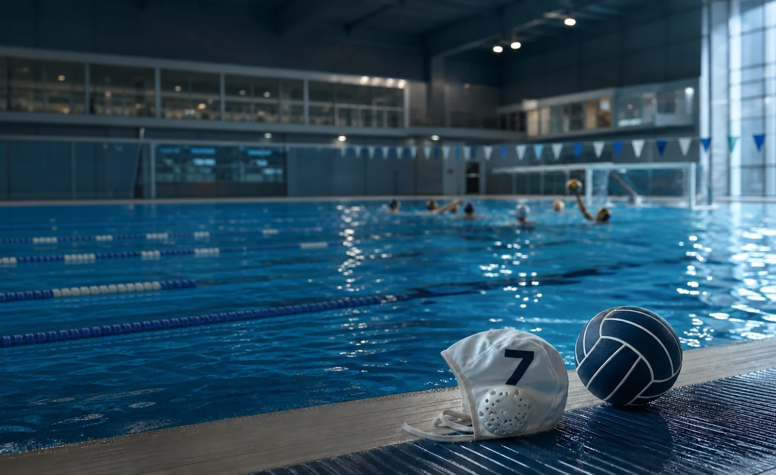 Bonnet et ballon de water-polo au bord d'une piscine sportive